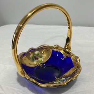 BOHEMIAN CRYSTAL BASKET 24K gold Moser Vintage Czech Cobalt Blue Enamel Painted